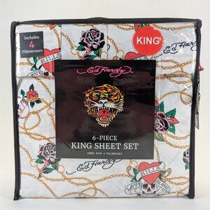 Ed Hardy White Black Rose Skull King Sheet Set 6-Piece w/ 4 Pillowcases - NEW
